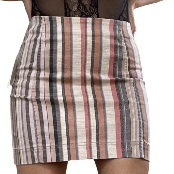 Altard State Denim Mini Skirt Small S Pink Camel Cotton Stripes Rise Mid Stretch - Picture 2 of 12